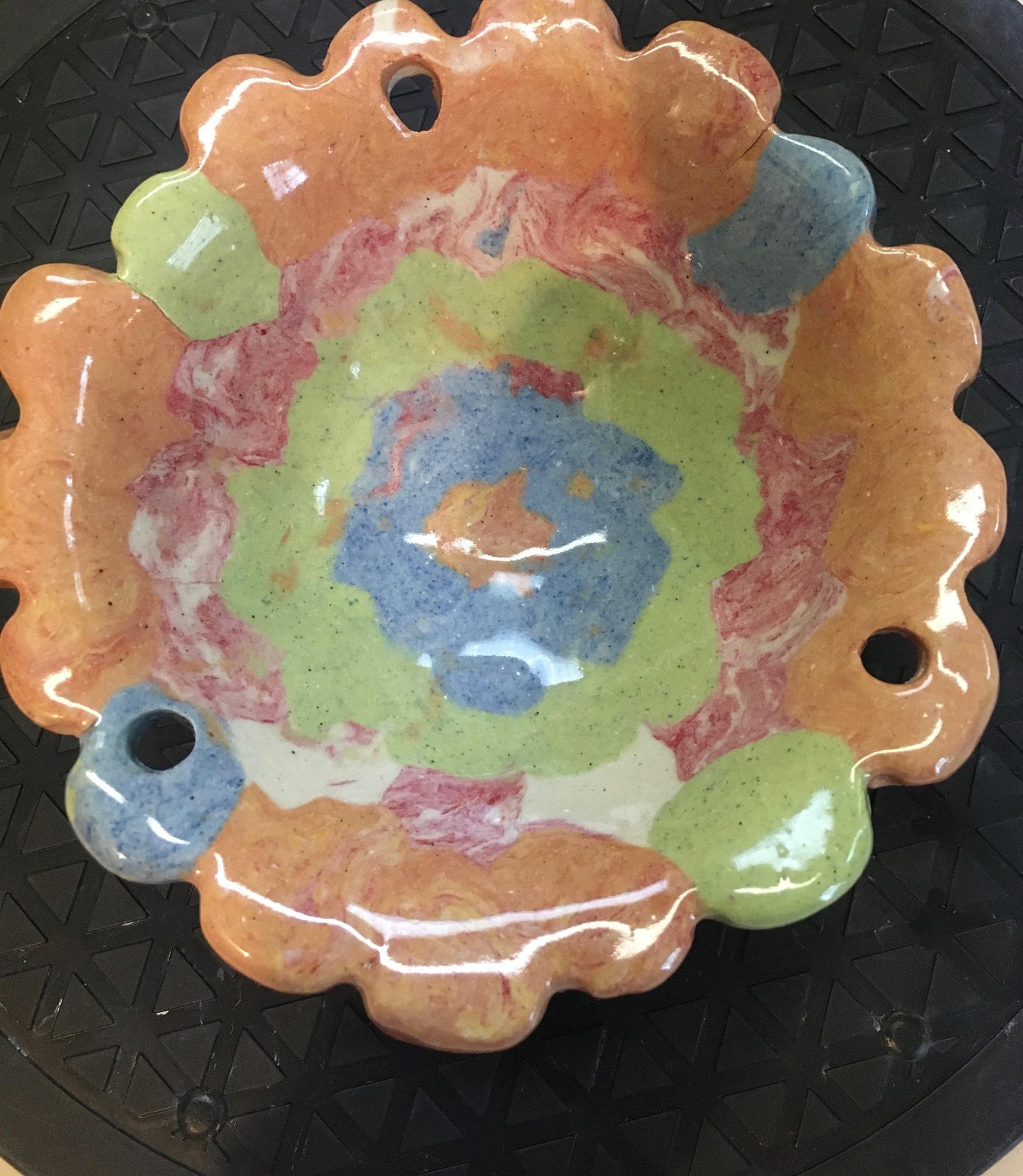 Handmade mug — carved medallion, green glaze